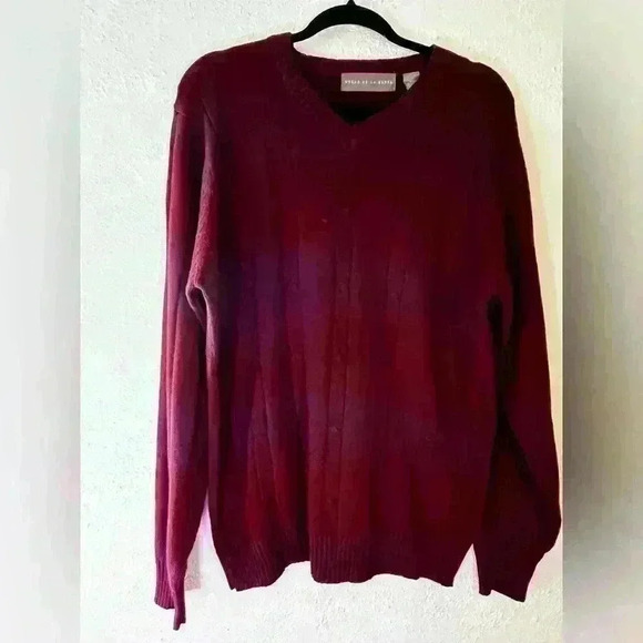 Vintage Oscar De La Renta Cotton Blend Sweater Two Tone Maroon V Neck Size L - Picture 1 of 6